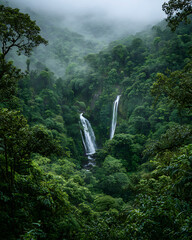 Majestic twin waterfalls in lush green forest with misty atmosphere