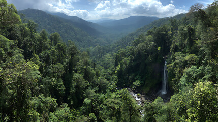 Waterfall cascading through lush green forest landscape with mountains