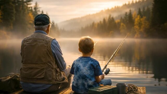 Father and son angling on quiet lake at sunrise with misty forest reflections showing family bonding peaceful outdoor morning moment