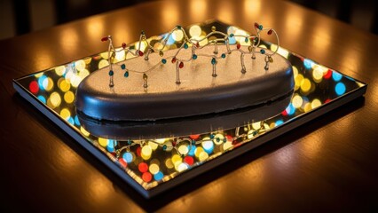 Chocolate cake with berries on a decorative plate