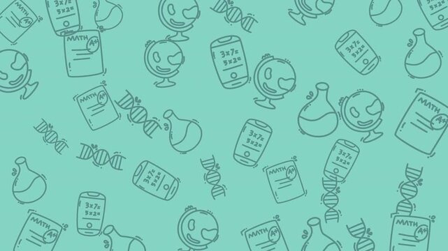 Teal background with doodles of globes, flasks, dna, and school documents. Suitable for educational presentations, science posters, and academic websites.