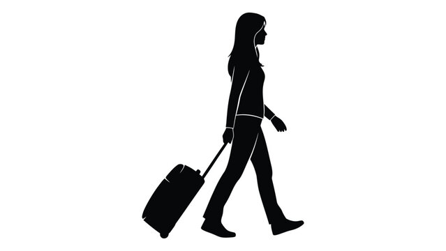 Silhouette of a woman walking with a rolling suitcase on a white background