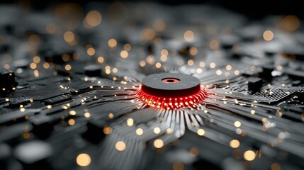 Vibrant glowing circuit board pulses with digital energy, symbolizing innovation and advanced technology in a modern, complex system.