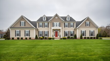 Modern residential brick home architecture featuring a new suburban family estate with a green grass lawn and garden under a clear sky