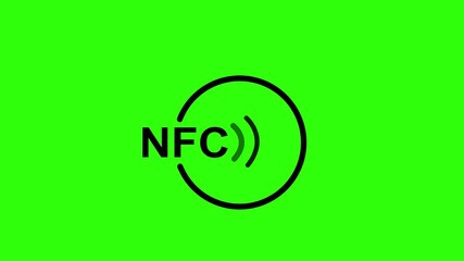 NFC symbol animation with radiating black lines on a vibrant green screen background, illustrating seamless contactless payment and data transfer technology in a clean looping motion graphics video - Powered by Adobe