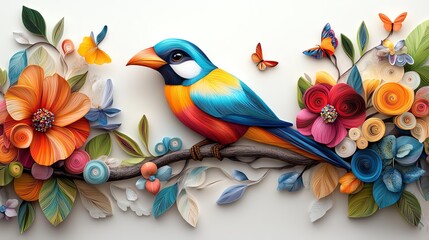 Colorful bird amidst vibrant flowers and leaves.