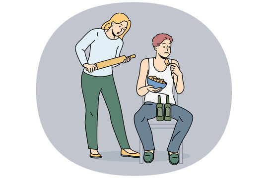 Woman quarrels with slacker husband, who drinks beer and eats chips and does not want to go to job. Girl with rolling pin stands near groom, and quarrels due to refusal to work on relationships