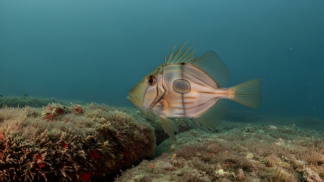 John Dory fish hovering calmly near rocky seabed in its natural marine habitat.