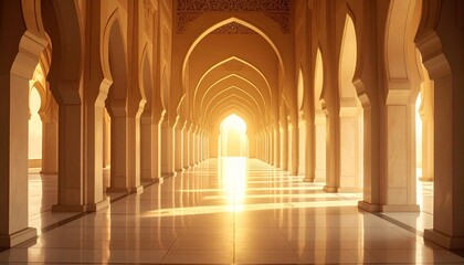 Obraz premium Grand Hallway with Symmetrical Arches, Golden Sunlight, and Polished Reflections in Ornate Architectural Design