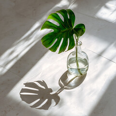 Single Monstera Leaf in Clear Glass Vase with Water on White Marble Floor Natural Sunlight Shadow Minimalist Interior Decor Photography