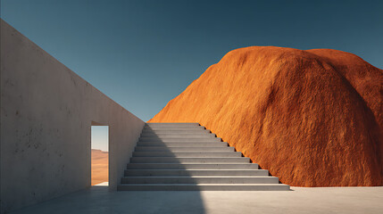 Surreal Desert Architecture with Concrete Stairs Leading to Orange Rock Formation Against Blue Sky Abstract Minimalist Landscape Art