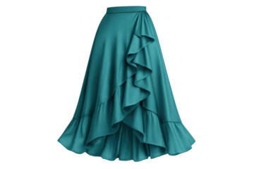 Teal long flowing ruffled skirt design. High-waisted elegant fashion apparel with a contemporary wrap-around style