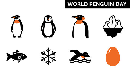 Black and orange icons related to World Penguin Day including penguins ice fish snowflake swimming bird and egg © Agung