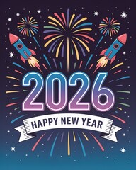 Vibrant 2026 New Year Celebration Design with Fireworks and Rocket Illustrations Colorful Festive Typography for Greeting Cards and Party Invitations