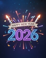 Vibrant 2026 New Year Celebration with Fireworks and Festive Neon Typography on a Starry Night Sky Background Ideal for Greeting Cards and Party Invitations