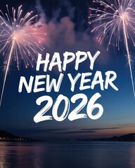 Fireworks Light Up the Sky Celebrating the Arrival of New Year 2026 Festive Night Scene with Vibrant Colors and Reflections on Water