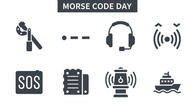 A collection of eight dark gray icons related to Morse Code displayed below a banner reading MORSE CODE DAY