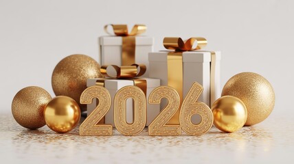 Elegant 2026 New Year Celebration Scene with Gift Boxes and Golden Ornaments on White Background Festive Design Concept