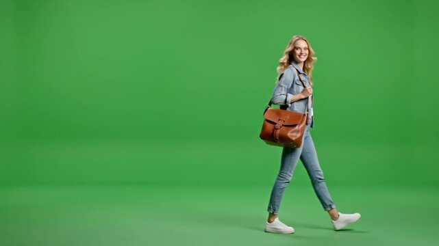 Young woman walking with backpack and bag on green background