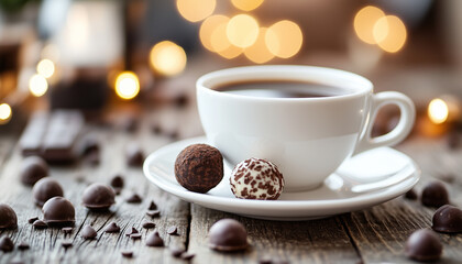 Fototapeta premium Coffee and chocolate truffle on a wooden table with a restaurant menu in the background perfect for breakfast in the cafe