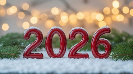 New Year 2026 Celebration with Red Numbers on Snowy Pine Branches Festive Background