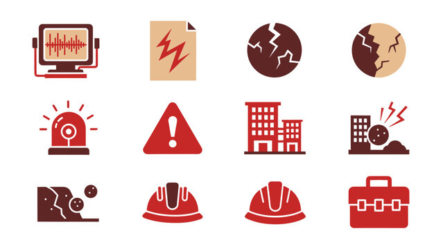 Twelve red and beige icons related to disaster preparedness and geology