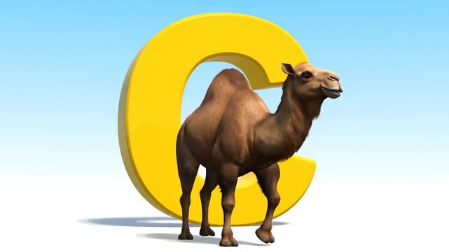 Large yellow 3D letter C with a camel on a vibrant blue background