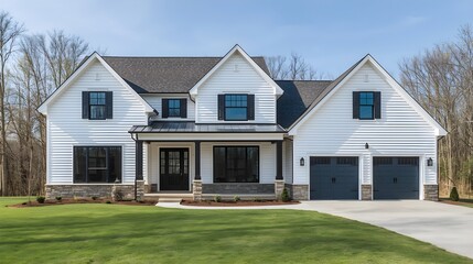 A modern residential brick house features a new exterior with blue sky, green grass yard, and contemporary architecture perfect for a family real estate property