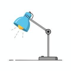 A teal desk lamp with a lit bulb, emitting light lines