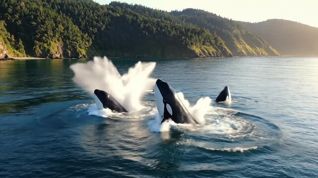 Orcas Breaching Together in Coastal Waters, With Mountains and Trees in the Background