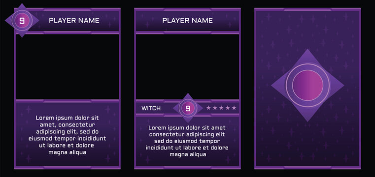 Witch or mage Themed game trading card templates with a Dark Purple color. Customizable vector design for TCG, RPG, and character cards. Features slots for player name and description.