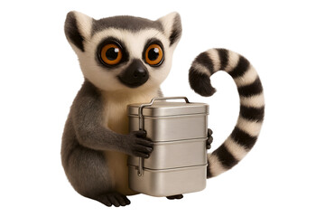 A ring-tailed lemur holding a stacked tiffin lunch box isolated on transparent background