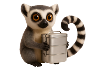 A ring-tailed lemur holding a stacked tiffin lunch box isolated on transparent background
