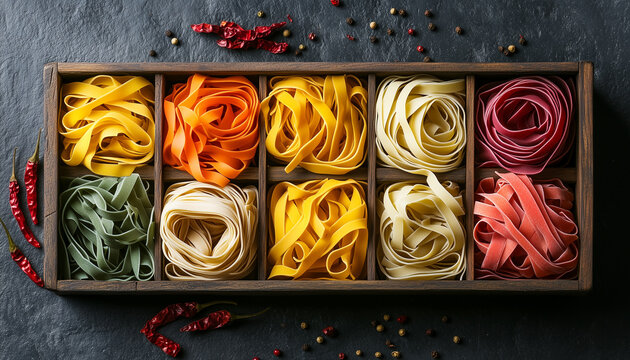 Assorted pasta in a wooden box Top view flat lay