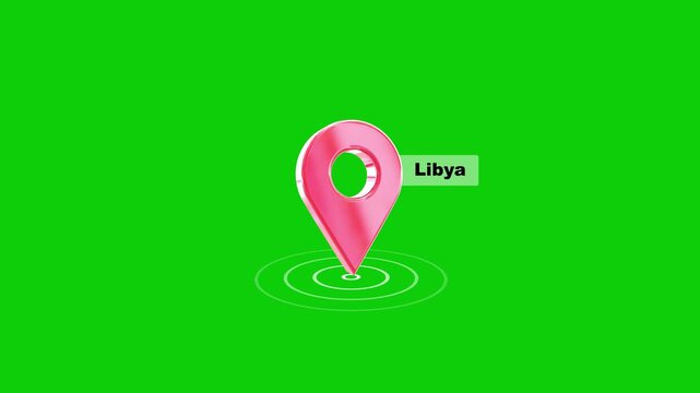 Libya 3D location pin map marker animation on transparent background. It is ideal for navigation videos, GPS tracking, maps, location services, travel projects and motion graphics.