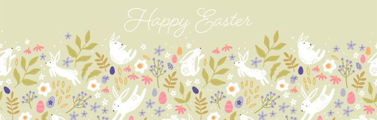 Cute hand drawn Easter horizontal seamless pattern with bunnies, flowers, easter eggs, beautiful background, great for Easter Cards, banner, textiles, wallpapers - vector design © TALVA