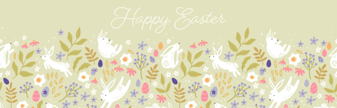 Cute hand drawn Easter horizontal seamless pattern with bunnies, flowers, easter eggs, beautiful background, great for Easter Cards, banner, textiles, wallpapers - vector design
