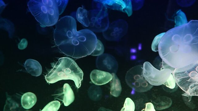 Moon Jelly Fish clear body in large aquarium tank, having different light color effects while swimming in the water on isolated black background.