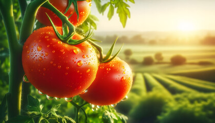 Ripe tomatoes in a lush field at sunset