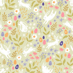 Naklejka na ściany i meble Cute hand drawn Easter horizontal seamless pattern with bunnies, flowers, easter eggs, beautiful background, great for Easter Cards, banner, textiles, wallpapers - vector design