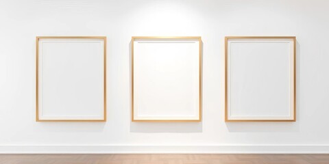 Clean white wall showcasing empty picture frames, ready for art,  exhibit,  art