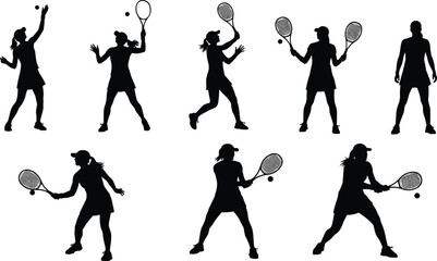 Obraz premium Collection of female tennis player silhouettes in various action poses, woman athlete hitting ball with racket isolated on white background for sports design, vector.