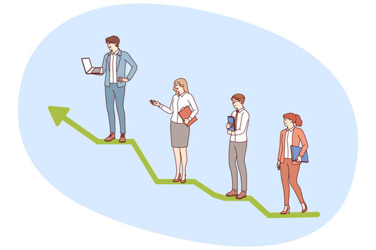 Business people stand on career progress line in form of graph, receiving promotions due to good work. Growth chart symbolizes progress through collaboration of colleagues to achieve common goal.