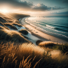 Golden Coastal Landscape with Sand Dunes, Ocean Waves and Dramatic Sunset Sky