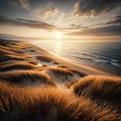 Golden Coastal Landscape with Sand Dunes, Ocean Waves and Dramatic Sunset Sky
