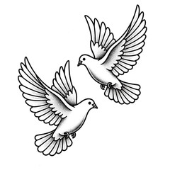 Obraz premium Soaring Purity: Two doves in flight, symbols of peace and serenity, their wings spread gracefully against the backdrop of the sky. 