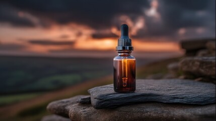 Obraz premium Sunset beauty product bottle on rocks