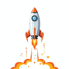 Cartoon rocket with flame and exhaust, launching into space, white background