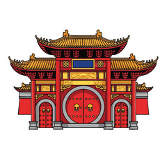 A vibrant, detailed illustration of an ornate, traditional East Asian style gate