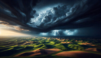 Storm clouds over rolling hills
